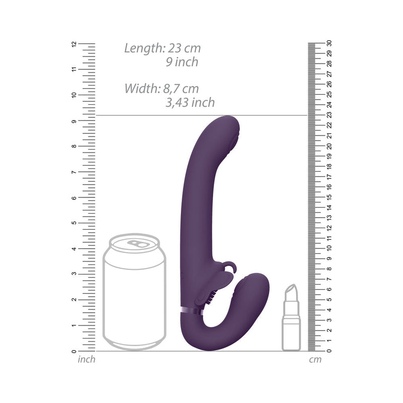VIVE SATU Rechargeable Triple Motor Pulse-Wave Vibrating Silicone Strapless Strap-On Purple