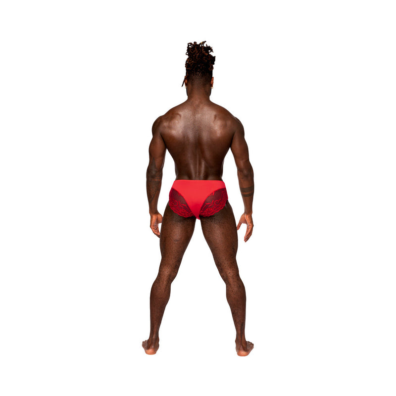 Male Power Sassy Lace Bikini Solid Pouch Red XL