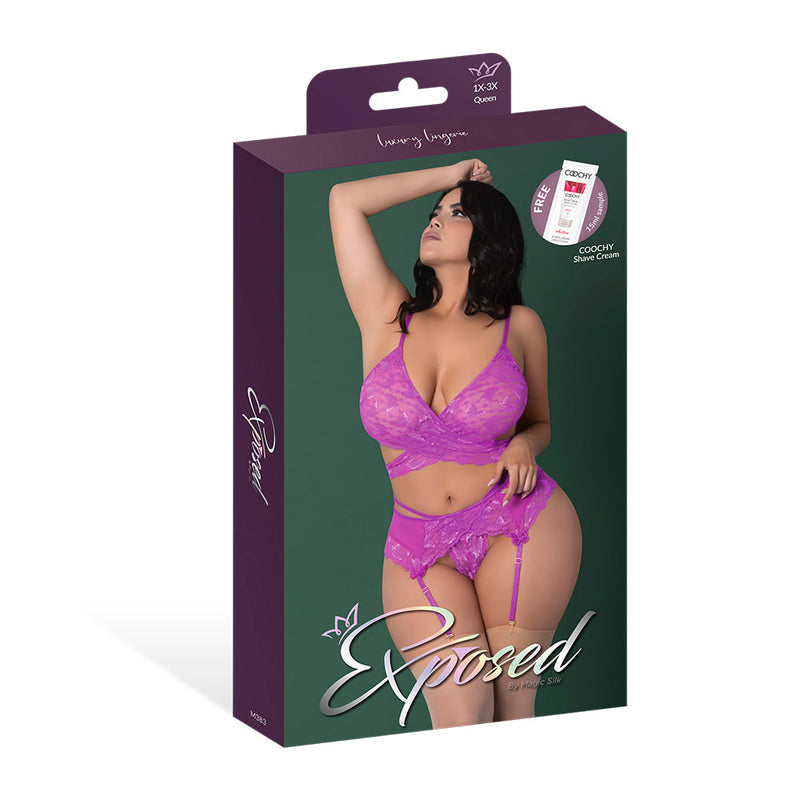 Magic Silk Butterfly Fantasies Bra, Garter & Thong Set Neon Purple Queen Size