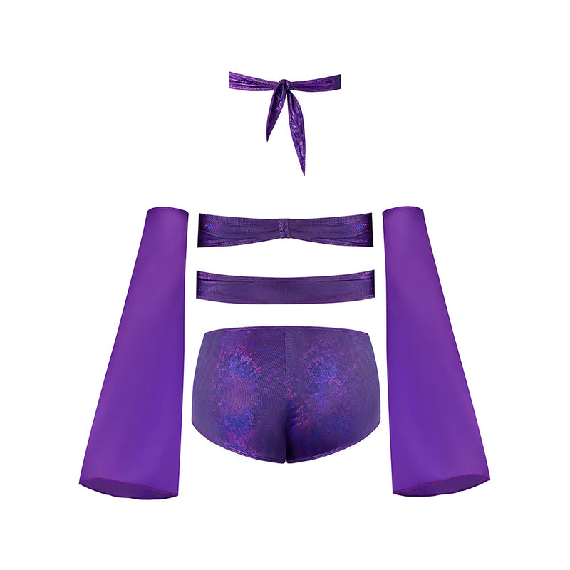 Magic Silk Glimmer Wrap Bralette, Booty Shorts & Sleeve Set Purple Disco S/M