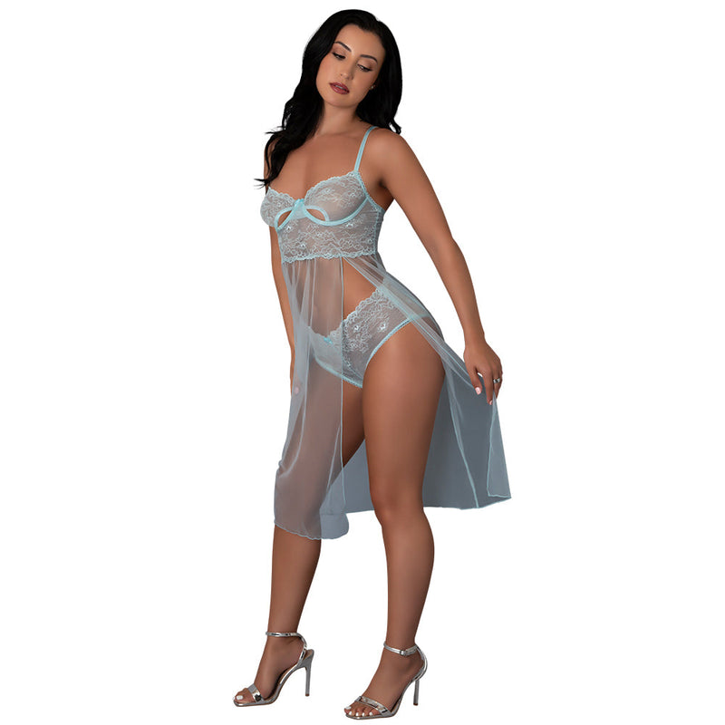 Magic Silk Blue Sky Long Chemise & Boy Short Panty Blue S/M