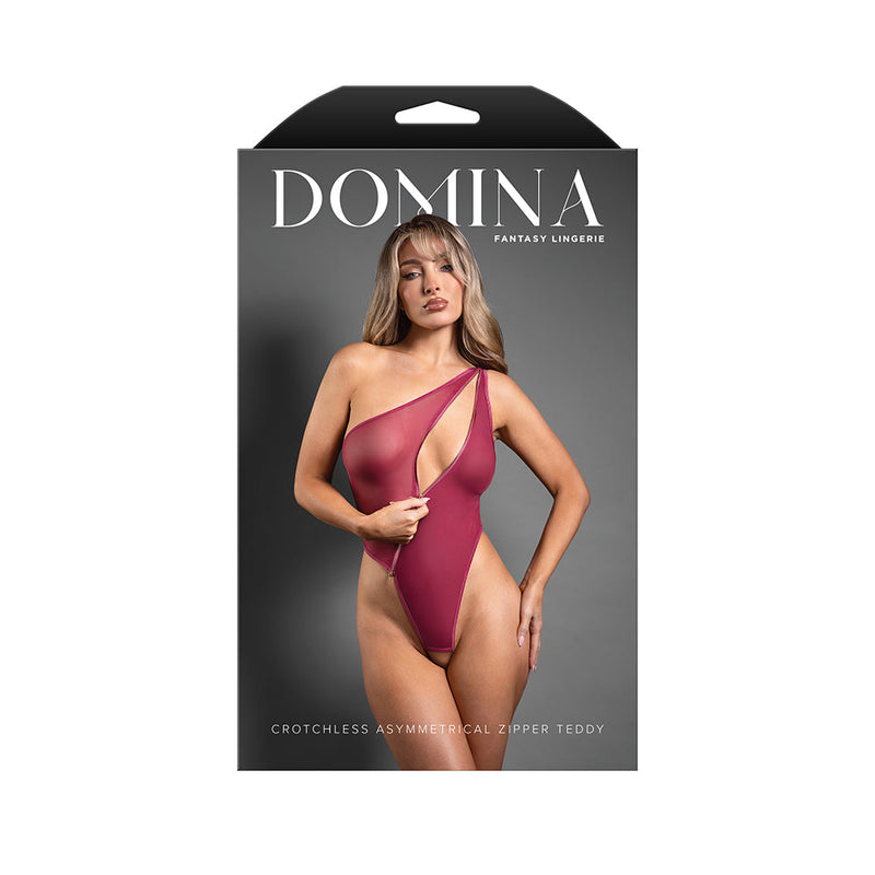 Fantasy Lingerie Domina Crotchless One-Shoulder Teddy with Asymmetrical Front Zipper Berry M/L
