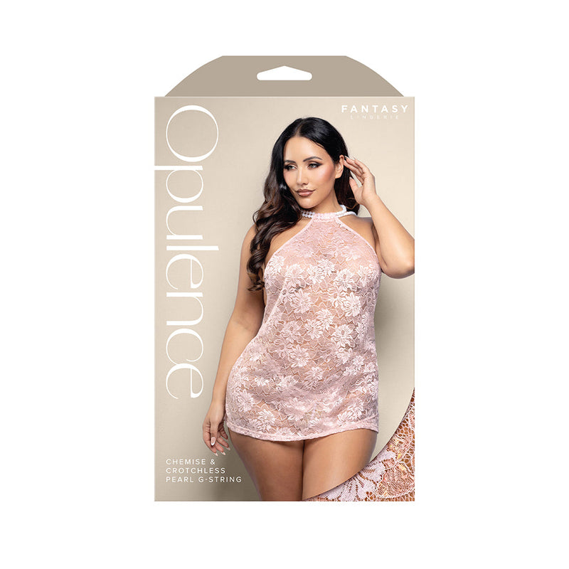 Fantasy Lingerie Opulence Pearl Draped Open-Back Halter Chemise & Crotchless Pearl G-String Light Pink Queen Size