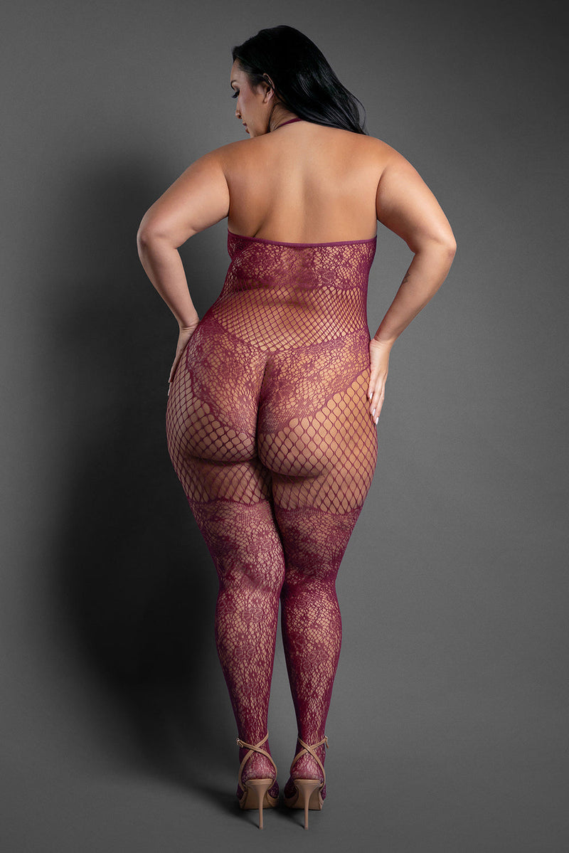 Fantasy Lingerie Sheer Our Moment Crotchless Halter Bodystocking Plum Queen Size