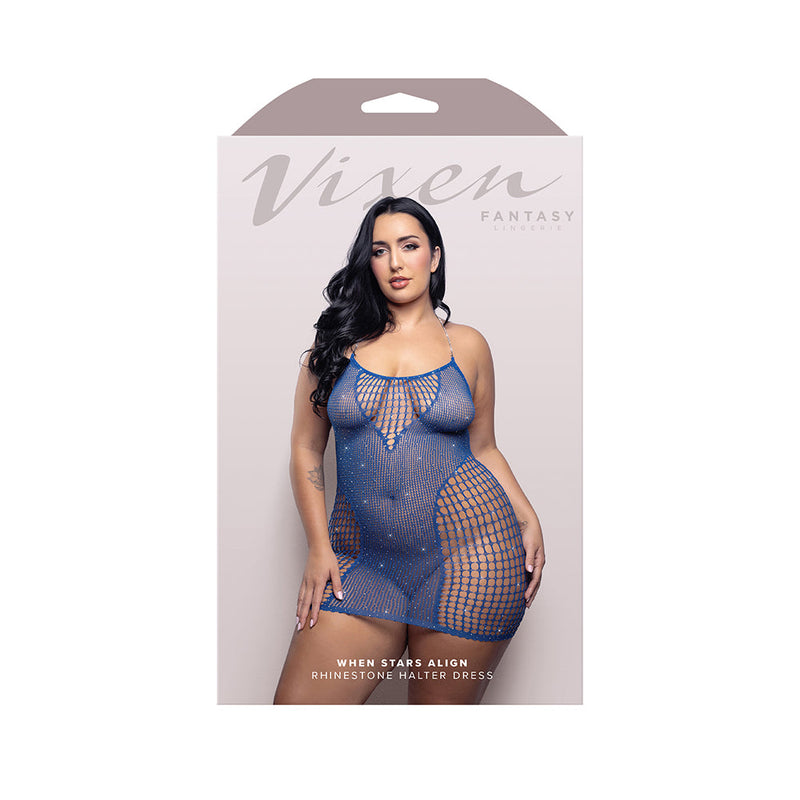 Fantasy Lingerie Vixen When Stars Align Rhinestone Halter Dress Blue Queen Size