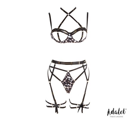 Lily Set Sujetador, Tanga, Liguero y Ligas Estampado Leopardo
