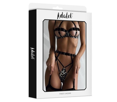 Lily Set Sujetador, Tanga, Liguero y Ligas Estampado Leopardo