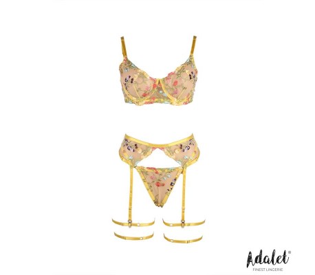 Zoey Set Sujetador, Tanga, Liguero y Ligas Amarillo Floral