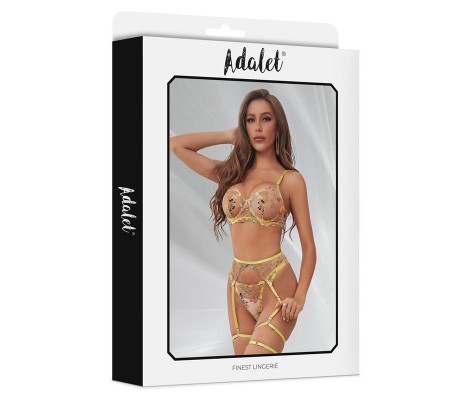 Zoey Set Sujetador, Tanga, Liguero y Ligas Amarillo Floral