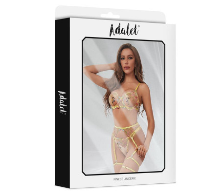 Zoey Set Sujetador, Tanga, Liguero y Ligas Amarillo Floral