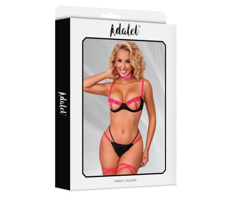 Pauline Set Sujetador, Tanga, Ligas y Choker Negro y Rosa