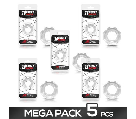 Pack de 5 Anillo para el Pene Súper Flexible Poligonal 2.2 cm Transparente