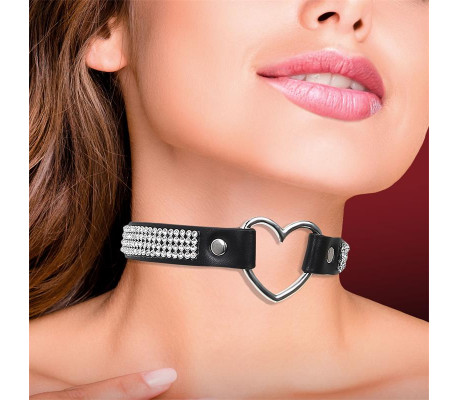 Collar con Corazón y Pedrería Estilo Choker Cuero Vegano Talla Única