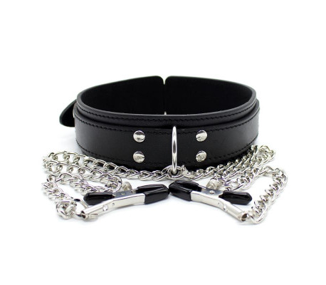 Collar con Pezoneras y Cadena de Metal Negro