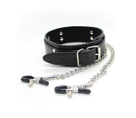 Collar con Pezoneras y Cadena de Metal Negro