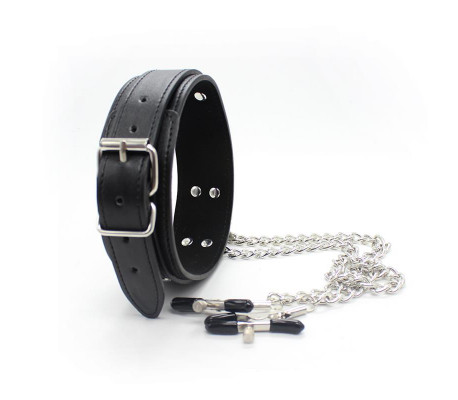 Collar con Pezoneras y Cadena de Metal Negro