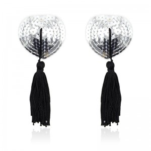 Pezoneras Autoadhesivas Forma de Corazón con Lentejuelas Negro/Plata