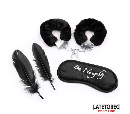 Set de 3 Piezas Antifaz, Esposas y Plumas Negro