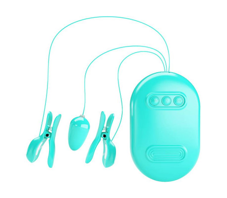 Surprise Box Huevo Vibrador y Pinzas para Pezones con Electro Estimulación Azul